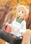  1girl :d animal_ears apron autumn_leaves bangs barbecue batta_(kanzume_quality) blonde_hair blue_eyes blunt_bangs blush chopsticks cooking day dutch_angle fan fang food forest fox_ears fox_tail holding long_sleeves looking_at_viewer nature open_mouth original outdoors paper_fan smile solo_focus standing tail tree v 