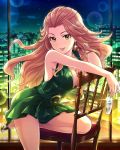  1girl artist_request bracelet breasts brown_eyes brown_hair building chair dress earrings green_dress hamakawa_ayuna idolmaster idolmaster_cinderella_girls jewelry large_breasts long_hair night night_sky official_art sitting sitting_backwards sky 