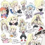  1boy 2girls baby black_pants black_vest blonde_hair blue_gloves blush braid brother_and_sister closed_eyes coat dress eating food from_side gladio_(pokemon) gloves green_eyes hair_over_one_eye hat highres lillie_(pokemon) long_hair long_sleeves lusamine_(pokemon) male_swimwear mittens mother_and_daughter mother_and_son multiple_girls nihilego one-piece_swimsuit open_mouth orange_hat pants plate pokemon pokemon_(anime) pokemon_(creature) pokemon_sm_(anime) shirt short_sleeves siblings silvally simple_background sleeping sleeveless sleeveless_dress sun_hat swim_trunks swimsuit swimwear tears twin_braids ukata ultra_beast vest wedding_dress white_background white_dress white_hat white_shirt white_swimsuit younger 