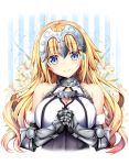  1girl bangs blonde_hair blue_eyes blush breasts c: chains closed_mouth cute eyebrows_visible_through_hair fate/apocrypha fate/grand_order fate_(series) floral_background flower gauntlets geko headpiece interlocked_fingers jeanne_d&#039;arc_(fate)_(all) large_breasts lily_(flower) long_hair looking_at_viewer own_hands_together parted_lips ruler_(fate/apocrypha) smile solo upper_body wavy_hair white_flower 