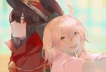  2girls :d ahoge bangs black_hair blonde_hair blunt_bangs blurry blurry_background closed_mouth demon_archer depth_of_field eyebrows_visible_through_hair fate_(series) hat kibadori_rue koha-ace looking_at_another looking_at_viewer multiple_girls open_mouth profile red_eyes sakura_saber smile 