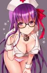  1girl adjusting_hair artist_name bangs bb_(fate/extra_ccc) bespectacled black-framed_eyewear blush breasts closed_mouth collarbone commentary_request cowboy_shot erect_nipples eyebrows_visible_through_hair fate/extra fate/extra_ccc fate_(series) glasses hair_between_eyes hair_ribbon hand_on_own_thigh hand_up hanging_breasts hat hijiri_ruka jewelry leaning_forward long_hair looking_at_viewer medium_breasts nurse nurse_cap panties pendant pink_panties red_ribbon ribbon shiny shiny_hair shirt short_sleeves simple_background smile standing star tareme thighs under-rim_eyewear underwear very_long_hair white_shirt wrist_cuffs 