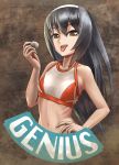  1girl :p abazu-red bangs commentary_request english eyebrows_visible_through_hair girls_und_panzer hand_on_hip holding long_hair looking_at_viewer navel open_mouth orange_bikini_top reizei_mako solo standing tongue tongue_out upper_body white_headband 