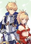  1boy 1girl ahoge armor bare_shoulders blonde_hair braid breastplate clarent excalibur_(fate/prototype) fate/grand_order fate_(series) french_braid gauntlets greaves green_eyes hand_on_another&#039;s_head highres pauldrons ponytail saber_(fate/prototype) saber_of_red scrunchie shiguru sword weapon 