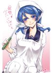  1girl apron blue_eyes blue_hair blush commentary_request highres kantai_collection ladle smile solo takana_shinno translation_request urakaze_(kantai_collection) 
