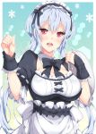  1girl alternate_costume apron black_bow black_neckwear bow bowtie breasts choker cleavage enmaided eyebrows_visible_through_hair floating_hair hair_between_eyes holding large_breasts long_hair looking_at_viewer maid maid_headdress matoi_(pso2) milkpanda open_mouth phantasy_star phantasy_star_online_2 red_eyes short_sleeves silver_hair solo twintails upper_body very_long_hair white_apron white_bow wrist_cuffs 