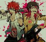  2boys alternate_hairstyle aqua_eyes baseball_bat beanie blood blood_splatter bracelet braid chainsaw collarbone crazy_eyes dangan_ronpa ear_piercing earrings facial_hair goatee hat jacket jumpsuit kuwata_leon looking_at_viewer middle_finger nails open_mouth piercing pink_eyes pink_hair red_hair ring safety_pin sharp_teeth side_braid simple_background sleeves_rolled_up smile souda_kazuichi super_dangan_ronpa_2 tongue tongue_out tongue_piercing unzipped zipper 