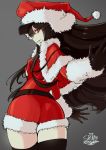  absurdres ass black_hair black_legwear demon_archer fate/grand_order fate_(series) hat highres long_hair looking_back red_eyes santa_costume santa_hat shell_maru thigh-highs very_long_hair zettai_ryouiki 