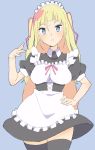  1girl :&lt; absurdres apron bangs black_legwear blonde_hair blue_background blue_eyes blunt_bangs blush breasts closed_mouth cowboy_shot donguri_suzume hand_on_hip highres looking_at_viewer maid maid_apron maid_headdress medium_breasts multicolored_hair original puffy_short_sleeves puffy_sleeves short_sleeves simple_background solo standing thigh-highs twintails two-tone_hair wing_collar 