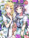  2girls ayase_eli bell blonde_hair blue_eyes bow bracelet double-breasted dress finger_to_cheek flower green_eyes hair_bell hair_bow hair_ornament hairpin hand_holding highres index_finger_raised jewelry jingle_bell kaisou_(0731waka) lily_(flower) long_hair looking_at_viewer love_live! love_live!_school_idol_project multiple_girls plant ponytail purple_hair purple_rose red_rose rose sailor_collar short_sleeves sidelocks smile toujou_nozomi twintails vines 