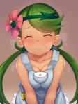  1girl bangs bare_arms closed_eyes dark_skin flower green_hair hair_flower hair_ornament incoming_kiss long_hair low_twintails mallow_(pokemon) overalls pokemon pokemon_(anime) pokemon_(game) pokemon_sm pokemon_sm_(anime) sexually_suggestive sleeveless snowcanvas solo swept_bangs trial_captain twintails 