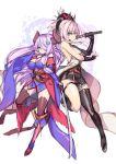  2girls black_gloves blue_eyes braid breasts cosplay costume_switch detached_sleeves doraf earrings fate/grand_order fate_(series) gloves granblue_fantasy hair_over_one_eye hong_(white_spider) horns japanese_clothes jewelry katana kimono large_breasts lavender_hair long_hair miyamoto_musashi_(fate/grand_order) multiple_girls narumeia_(granblue_fantasy) pink_hair pointy_ears ponytail single_thighhigh sword thigh-highs thigh_strap weapon 