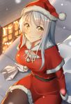  1girl alternate_costume black_legwear blush breasts commentary_request gloves hat kantai_collection large_breasts long_hair long_sleeves pallad pantyhose pom_pom_(clothes) santa_costume santa_hat shoukaku_(kantai_collection) sitting smile solo white_gloves white_hair yellow_eyes 