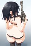  1girl arched_back ass bikini black_bikini black_hair black_legwear breasts butt_crack dd_(ijigendd) foreshortening from_above gradient gradient_background gun halterneck handgun highres large_breasts medium_hair original profile revolver simple_background skindentation solo swimsuit thigh-highs trigger_discipline weapon 