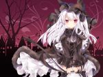  1girl :&lt; animal_hat azur_lane bag bangs bare_tree black_bow black_capelet black_hat black_neckwear black_ribbon black_shirt black_skirt blush bow bowtie building capelet cat_hat closed_mouth commentary_request corset cross cross_necklace cross_print erebus_(azur_lane) eyebrows_visible_through_hair frilled_hat frilled_sleeves frills fur-trimmed_capelet fur_trim hair_between_eyes handbag hat holding_bag jewelry kurun_(kurun777) latin_cross long_hair long_sleeves looking_at_viewer necklace pleated_skirt print_skirt puffy_long_sleeves puffy_sleeves red_eyes red_sky ribbon shirt silhouette skirt sky solo thigh-highs tower tree v_arms white_hair 