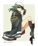  1girl black_footwear black_legwear boots cape eyepatch full_body green_eyes green_hair hat high_heel_boots high_heels kantai_collection kiso_(kantai_collection) kneehighs looking_at_viewer pauldrons pleated_skirt remodel_(kantai_collection) school_uniform serafuku short_hair simple_background sitting skirt solo twitter_username yamashiki_(orca_buteo) 