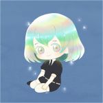  :&gt; androgynous ayu_(mog) bangs black_footwear black_shirt blue_background blush chibi closed_mouth collared_shirt diamond_(houseki_no_kuni) elbow_gloves full_body gloves gradient_eyes gradient_hair houseki_no_kuni looking_at_viewer multicolored multicolored_eyes multicolored_hair necktie puffy_short_sleeves puffy_sleeves shiny shiny_hair shirt shoes short_sleeves signature sitting smile solo sparkle thigh-highs white_legwear white_shirt wing_collar yokozuwari 