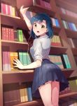  1girl ass black_skirt blush book bookshelf breasts earphones earphones eyebrows_visible_through_hair from_behind holding holding_book idolmaster idolmaster_million_live! kamille_(vcx68) large_breasts looking_at_viewer nanao_yuriko open_mouth short_hair skirt solo 