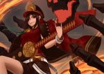  1girl black_hair blackestella cape family_crest fate/grand_order fate_(series) hat highres long_hair looking_at_viewer oda_nobunaga_(swimsuit_berserker)_(fate) oda_uri parted_lips peaked_cap red_cape red_eyes red_shirt shirt shorts smile solo sword v-shaped_eyebrows weapon 