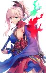  1girl ass blue_eyes breasts cowboy_shot detached_sleeves dual_wielding fate/grand_order fate_(series) highres japanese_clothes jewelry katana kimono large_breasts long_hair looking_at_viewer miyamoto_musashi_(fate/grand_order) pink_hair ponytail sash shinon_(tokage_shuryou) sideboob simple_background smile solo sword weapon white_background 