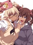  2girls :&gt; :d ahoge amanda_(sennen_sensou_aigis) black-framed_eyewear blonde_hair blue_eyes blurry breast_press breasts brown_eyes brown_hair cellphone choker closed_mouth collarbone collared_shirt dark_skin depth_of_field eyebrows_visible_through_hair glasses gyaru hair_between_eyes hair_ornament hair_scrunchie hand_in_pocket highres holding holding_phone hood hoodie kogal large_breasts multiple_girls nadia_(sennen_sensou_aigis) one_side_up open_mouth phone pointy_ears scrunchie self_shot sennen_sensou_aigis shirt sketch smartphone smile sweater_vest tasaka_shinnosuke twintails white_background white_shirt wing_collar 