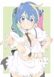  1girl :d absurdres ahoge apron bangs between_breasts black_neckwear blonde_hair blue_eyes blue_hair blush breasts cleavage_cutout cowboy_shot donguri_suzume fingernails green_background green_hair hair_between_eyes hand_on_hip highres large_breasts legs_apart maid maid_apron midriff multicolored_hair nail_polish navel necktie open_mouth orange_nails original pink_hair puffy_short_sleeves puffy_sleeves scrunchie short_sleeves simple_background smile solo standing streaked_hair thigh-highs twintails w wing_collar 