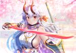  1girl armor blurry blurry_background breasts cherry_blossoms chinchongcha closed_mouth detached_sleeves fate/grand_order fate_(series) hair_between_eyes headband highres horns japanese_armor japanese_clothes large_breasts long_hair looking_at_viewer obi oni_horns red_eyes sash sideboob silver_hair smile solo sword tomoe_gozen_(fate/grand_order) weapon 