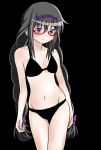  akemi_homura bikini black_background black_bikini black_hair blush braid breasts eyebrows_visible_through_hair groin hairband knives_(knives777) long_braids long_hair mahou_shoujo_madoka_magica navel red_glasses semi-rimless_eyewear small_breasts swimsuit thigh_gap twin_braids under-rim_eyewear violet_eyes 