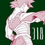  1boy armor back_turned bandanna bardock dragon_ball fukuko_fuku green_background looking_away male_focus number serious short_hair simple_background spiky_hair tail 