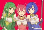  3girls armor armored_dress blue_eyes blue_hair breasts elbow_gloves est fingerless_gloves fire_emblem fire_emblem:_mystery_of_the_emblem fire_emblem_echoes:_mou_hitori_no_eiyuuou gloves green_eyes green_hair headband highres katua long_hair multiple_girls paola pegasus_knight pink_hair polearm red_eyes short_hair siblings sisters smile weapon 