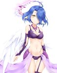  1girl absurdres ahoge arm_at_side arm_tattoo bikini blue_hair blush breasts closed_mouth collarbone cowboy_shot feathered_wings garter_straps hair_over_one_eye halo head_tilt highres ikasoke_(likerm6au) light_smile looking_at_viewer low_wings medium_breasts navel no_game_no_life purple_bikini purple_legwear raphael_(no_game_no_life) scar short_hair single_thighhigh solo standing swimsuit tattoo thigh-highs thigh_gap white_background white_wings wings yellow_eyes 