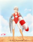  1girl beach beach_umbrella blue_eyes clouds cloudy_sky drawfag hand_on_hip innertube lifeguard looking_at_viewer monster_girl ocean one-piece_swimsuit original red_swimsuit sky smile solo swimsuit umbrella whistle white_hair 