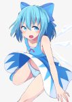  1girl bangs bare_arms bare_legs blue_bow blue_dress blue_eyes blue_footwear blue_hair blue_panties bow bow_panties cirno dress fang grey_background hair_between_eyes hair_bow highres ice ice_wings looking_at_viewer navel okota_mikan open_mouth panties polka_dot polka_dot_panties shoes simple_background sleeveless sleeveless_dress solo touhou underwear wings 