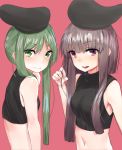  2girls alternate_costume asuzemu bangs bare_arms black_hat blunt_bangs breasts brown_hair closed_mouth crop_top eyebrows_visible_through_hair green_eyes green_hair hand_up hat looking_at_viewer multiple_girls navel nishida_satono pink_background pink_eyes short_hair_with_long_locks simple_background sleeveless small_breasts teireida_mai touhou upper_body 
