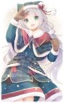  1girl :d \m/ animal_ears animal_hat arm_up bangs blue_bow blue_capelet blue_coat blue_hat blush bow brown_gloves capelet cat_ears cat_hat commentary_request cowboy_shot eyebrows_visible_through_hair fur-trimmed_capelet fur-trimmed_hat fur-trimmed_sleeves fur_trim gloves green_eyes grey_hair hair_ornament hand_up hat head_tilt long_hair looking_at_viewer open_mouth original pom_pom_(clothes) simple_background smile snowing solo very_long_hair white_background yonema 