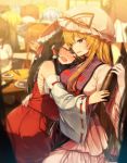  6+girls :d ass bangs black_eyes black_hair blonde_hair blurry blurry_background blush bottle bow closed_eyes detached_sleeves drunk eyebrows_visible_through_hair hair_between_eyes hair_bow hair_tubes hakurei_reimu hand_on_another&#039;s_back hat hat_ribbon himekaidou_hatate holding holding_bottle hug ibuki_suika indoors izayoi_sakuya kirisame_marisa long_hair long_sleeves maid_headdress mob_cap multiple_girls nose_blush open_mouth red_skirt remilia_scarlet ribbon ribbon-trimmed_sleeves ribbon_trim sarashi shinoba sidelocks skirt smile tabard touhou upper_body wide_sleeves yakumo_yukari 