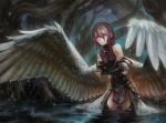  1girl bare_shoulders belt detached_sleeves ear_piercing feathered_wings large_wings original outdoors piercing redhead solo swamp tree violet_eyes visqi wading water water_drop white_wings wings 