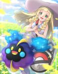  1girl bag blonde_hair braid clouds cosmog dress duffel_bag field flower flower_field green_eyes hat highres lillie_(pokemon) long_hair midori open_mouth petals poke_ball_theme pokemon pokemon_(creature) pokemon_(game) pokemon_sm sky sleeveless sleeveless_dress sun_hat twin_braids white_dress white_hat 