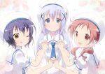  3girls :d ;q aosora_neko bangs beret blue_eyes blue_hair blue_neckwear chimame-tai closed_mouth commentary_request dated dress eyebrows_visible_through_hair flat_chest gochuumon_wa_usagi_desu_ka? hair_between_eyes hair_ornament hair_scrunchie hairclip hand_holding hat interlocked_fingers jouga_maya kafuu_chino kafuu_chino&#039;s_school_uniform light_blue_hair long_hair looking_at_viewer multicolored multicolored_background multiple_girls natsu_megumi necktie one_eye_closed open_mouth parted_bangs pink_scrunchie puffy_short_sleeves puffy_sleeves red_eyes redhead sailor_collar scrunchie short_hair short_sleeves sidelocks signature smile tongue tongue_out twintails upper_body wavy_hair white_dress white_hat x_hair_ornament yellow_eyes 