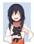  1girl :3 animal bangs black_hair cat closed_eyes commentary_request frame hair_between_eyes highres holding holding_cat open_mouth original short_hair shoulder_cutout solo upper_body yukine_on 