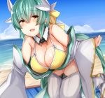  1girl aqua_hair bare_shoulders bikini bow breasts cleavage dragon_horns fate/grand_order fate_(series) hair_bow highres horns japanese_clothes kimono kiyohime_(fate/grand_order) kiyohime_(swimsuit_lancer)_(fate) large_breasts long_hair looking_at_viewer navel off_shoulder sabujiroko smile solo swimsuit thigh-highs white_legwear yellow_bikini_top yellow_bow yellow_eyes 