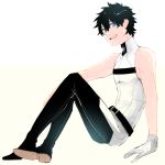  1boy adapted_costume black_hair blue_eyes fate/grand_order fate_(series) fujimaru_ritsuka_(male) gloves looking_at_viewer male_focus open_mouth shirt simple_background sitting sleeveless sleeveless_shirt smile solo t3run white_background white_gloves 