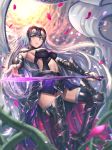  1girl arm_warmers bangs banner bare_shoulders black_armor blurry blurry_foreground breasts chains closed_mouth clouds cloudy_sky day depth_of_field eyebrows_visible_through_hair fate/grand_order fate_(series) faulds fingernails floating_hair foreshortening from_below fur-trimmed_legwear fur_trim glowing glowing_sword glowing_weapon greaves headpiece high_heels highres holding holding_sword holding_weapon jeanne_alter large_breasts light_particles long_hair looking_at_viewer magic moonandmist navel outdoors outstretched_arm petals plant ruler_(fate/apocrypha) silver_hair sky smile solo standing standing_on_one_leg sunlight sword thigh-highs thorns vambraces very_long_hair vines waist_cape weapon wind yellow_eyes 