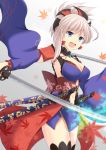  1girl asymmetrical_hair breasts center_opening cleavage cross_(crossryou) detached_sleeves fate/grand_order fate_(series) holding holding_sword holding_weapon japanese_clothes katana kimono leaf_print medium_breasts miyamoto_musashi_(fate/grand_order) navel obi open_mouth pink_hair sash short_hair short_kimono sleeveless sleeveless_kimono solo sword weapon white_background 