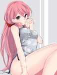  1girl akashi_(kantai_collection) alternate_costume baozi bare_shoulders breasts china_dress chinese_clothes commentary dress eating food green_eyes groin ica kantai_collection long_hair looking_at_viewer medium_breasts no_panties pink_hair sitting solo 