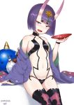  1girl :d absurdres alcohol breasts commentary_request cup fang fate/grand_order fate_(series) gogongzid highres horns navel oni oni_horns open_mouth pale_skin purple_hair sakazuki sake short_hair shuten_douji_(fate/grand_order) simple_background sitting slit_pupils small_breasts smile solo thigh-highs violet_eyes white_background 
