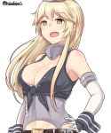  1boy :d absurdres blonde_hair blue_eyes breasts highres iowa_(kantai_collection) kantai_collection kiritto large_breasts long_hair open_mouth smile solo star star-shaped_pupils symbol-shaped_pupils 