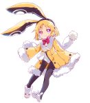  1girl :3 animal_ears black_legwear blonde_hair disgaea earmuffs highres jacket makai_senki_disgaea_5 namori pantyhose rabbit_ears scarf simple_background slippers smile solo usalia_(disgaea) white_background 