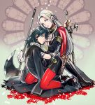  2girls axe bangs black_footwear black_legwear blue_eyes blue_hair boots byleth_(fire_emblem) byleth_eisner_(female) cape edelgard_von_hresvelg fire_emblem fire_emblem:_three_houses full_body garreg_mach_monastery_uniform gloves grey_eyes hair_ribbon high_heel_boots high_heels highres hug knee_boots lips long_hair long_sleeves looking_at_viewer medium_hair miniskirt multiple_girls neckerchief oragamura999 pantyhose parted_bangs petals red_legwear ribbon silver_hair skirt straddling sword vambraces weapon white_gloves 