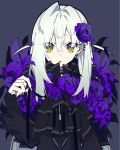  1girl bangs black_background black_dress closed_mouth dress expressionless eyebrows_visible_through_hair flat_color flower green_eyes grey_hair hair_between_eyes hair_flower hair_ornament hand_up highres long_hair looking_at_viewer mochizuki_kei original purple_flower sidelocks silver_hair simple_background solo 